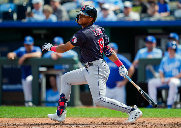 Sep 20, 2023; Kansas City, Missouri, USA; Cleveland Guardians shortstop Jose Tena (8) bats during the fourth inning against the Kansas City Royals at Kauffman Stadium.